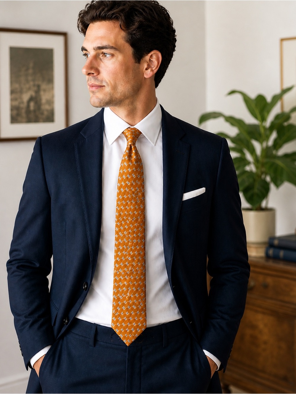 Ike Behar NY 100% Silk Tie Orange Blue Geometric Pattern Classic Mens Necktie
